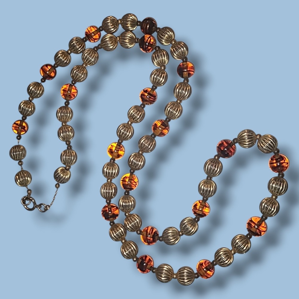 Vintage Amber Glass Bead‎ Necklace Gold Tone Ribbed Ball Beads 30" Retro Jewelry